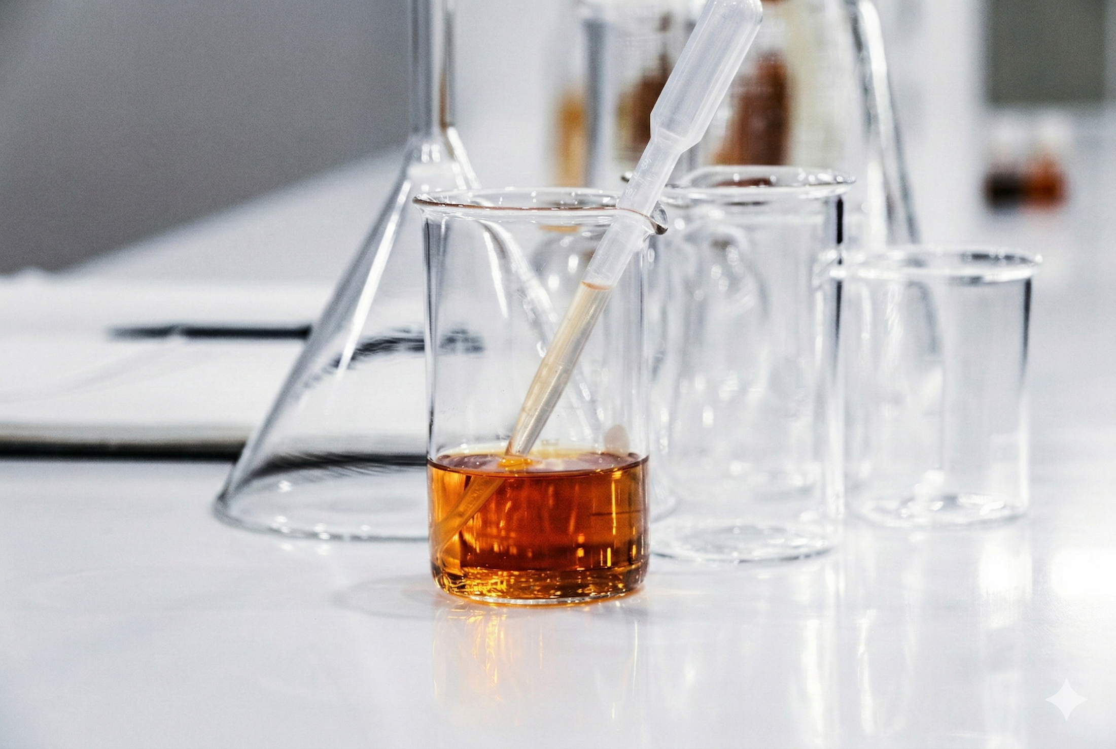 Laboratory setting with a beaker containing a brown liquid and a dropper.