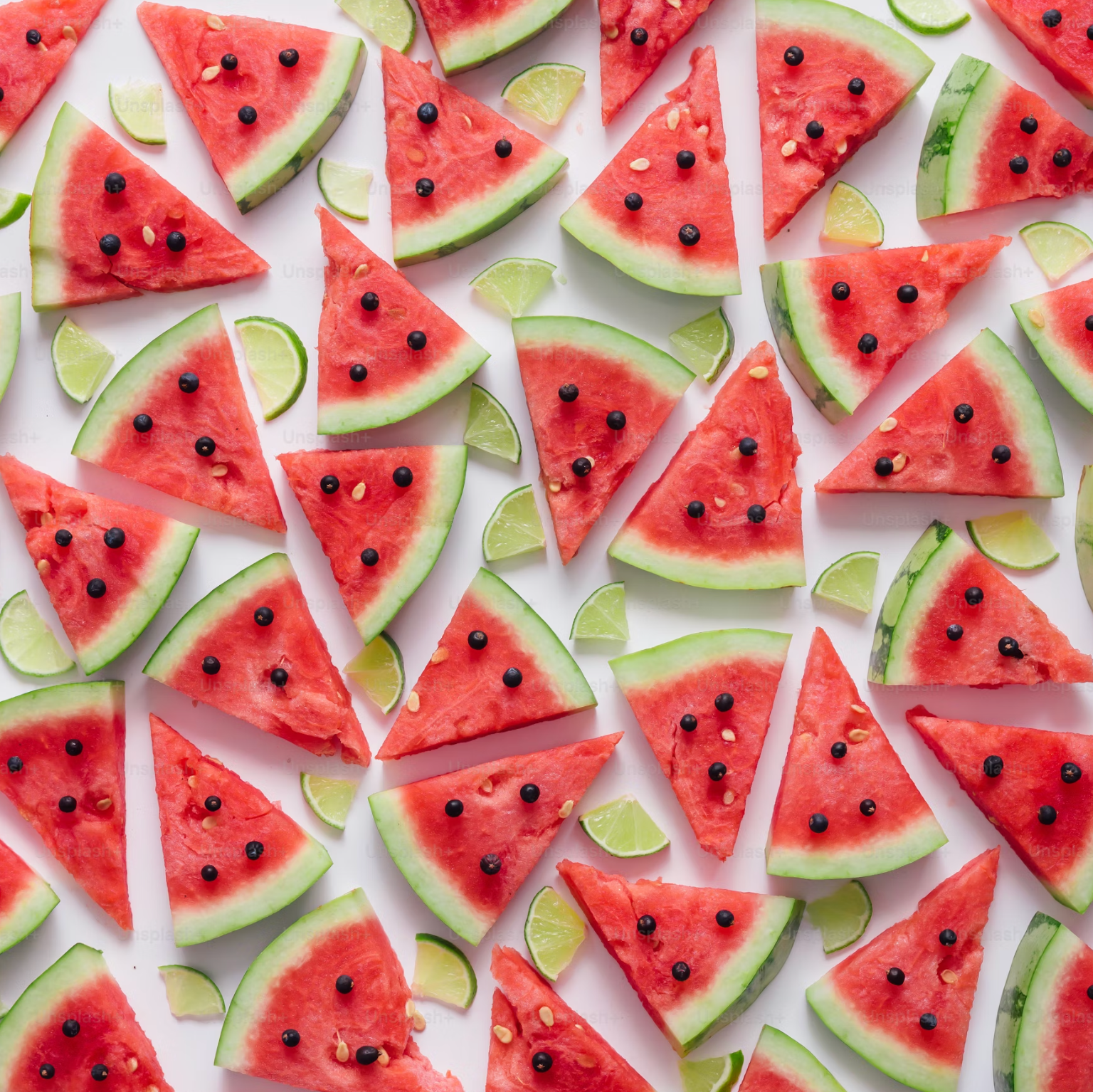 Pattern of watermelon slices with seeds and lime wedges on a white background