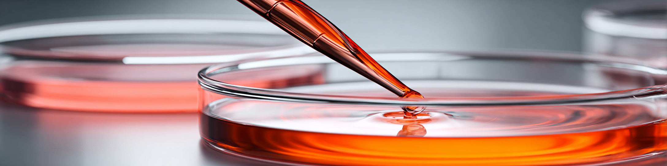 Laboratory setting with a pipette dropping red liquid into a petri dish.