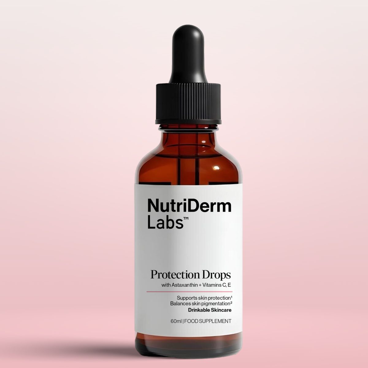 NutriDerma Labs Protection Drops bottle on a pink background